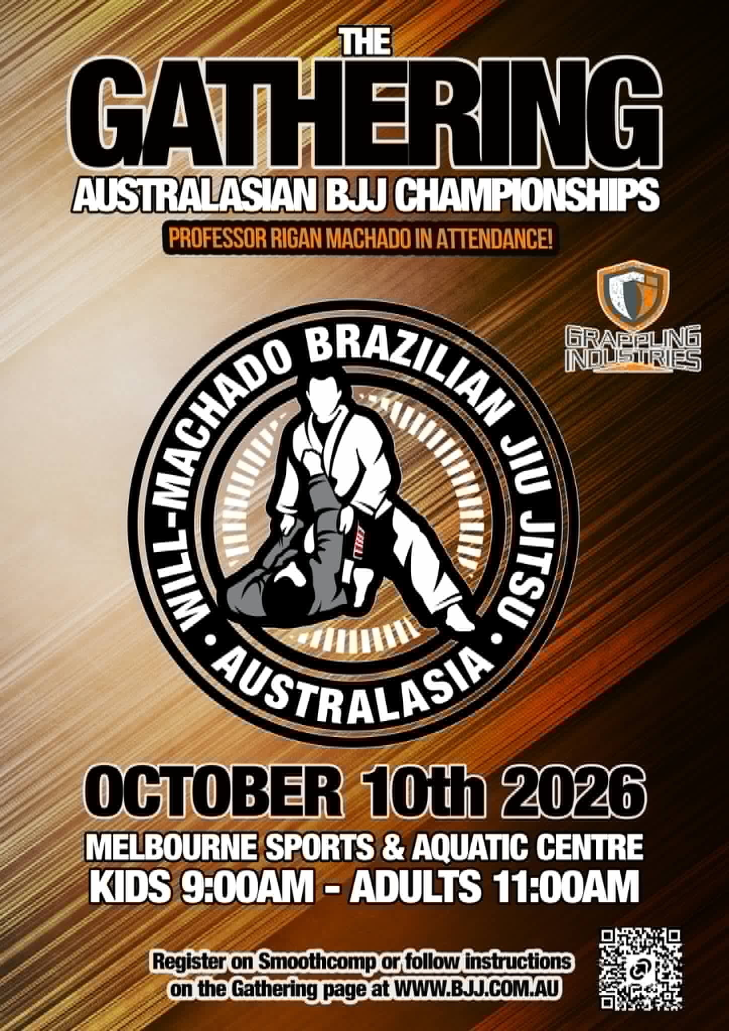 Official The Gathering poster: 10 October 2026 at Melbourne Sports and Aquatic Centre, with Rigan Machado in attendance.